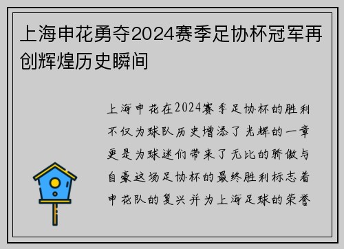 上海申花勇夺2024赛季足协杯冠军再创辉煌历史瞬间 上海申花勇夺2024赛季足协杯冠军再创辉煌历史瞬间