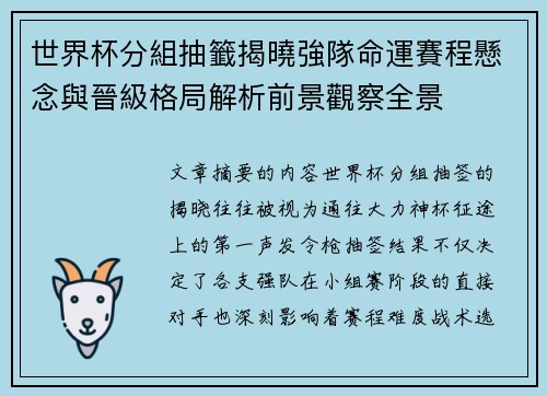 世界杯分組抽籤揭曉強隊命運賽程懸念與晉級格局解析前景觀察全景