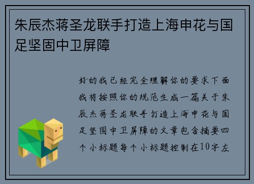朱辰杰蒋圣龙联手打造上海申花与国足坚固中卫屏障